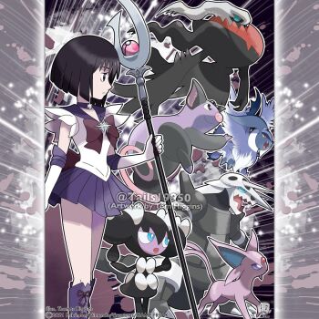 absol aggron aqua_eyes artist_name bishoujo_senshi_sailor_moon black_eyes boots bow bright_pupils choker collared_shirt commentary company_name copyright_notice darkrai dream_ball english_commentary espeon expressionless eyelashes fangs forehead_jewel forked_tail from_side gen_2_pokemon gen_3_pokemon gen_4_pokemon gen_5_pokemon gothorita grumpig highres holding holding_polearm holding_weapon horns instagram_username legendary_pokemon lips mega_absol mega_pokemon mythical_pokemon nintendo nostrils official_style open_mouth outline poke_ball pokemon pokemon_(creature) pokemon_team polearm purple_boots purple_bow purple_choker purple_eyes purple_hair purple_skirt red_eyes sailor_saturn shirt short_hair short_sleeves skirt tail tom_higgins watermark weapon white_outline white_pupils white_shirt