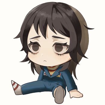 1girl :&lt; absurdres aegyo_sal anya_(mouthwashing) blue_coat brown_eyes brown_hair chibi chibi_only coat double-parted_bangs exhausted full_body highres katsumira mouthwashing mullet pony_express_uniform shirt sitting solo spread_legs striped_clothes striped_shirt