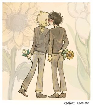 2boys alternate_costume antenna_hair artist_name basil_(faraway)_(omori) basil_(omori) black_hair black_shoes blonde_hair closed_eyes copyright_name flower grey_pants grey_shirt highres holding holding_flower holding_hands kiss kissing_cheek long_sleeves low_ponytail multiple_boys omori pants ponytail shirt shoes short_hair short_ponytail sunflower sunny_(omori) tulip umilini2 white_flower white_tulip yaoi