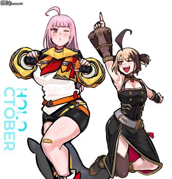 2girls absurdres ahoge anklet artist_name bandaid bandaid_on_knee bandaid_on_leg bare_legs belt bike_shorts black_dress black_shorts black_tail black_thighhighs blaparky blunt_bangs blush bracer breasts brown_hair clothing_cutout commentary cosplay costume_switch cropped_hoodie detached_sleeves dress english_commentary eyebrows_hidden_by_hair full_body gigi_murin gigi_murin_(1st_costume) gold_shoes hand_up high_heels highres hip_vent hololive hololive_english hood hoodie huge_ahoge jewelry large_breasts large_tail long_dress long_hair long_sleeves mori_calliope mori_calliope_(1st_costume) multicolored_hair multiple_girls one_eye_closed open_mouth orange_belt orange_hoodie pink_eyes pink_hair puffy_long_sleeves puffy_sleeves pumps red_eyes see-through_clothes see-through_sleeves sharp_teeth shirt shoes short_hair short_twintails shorts side_slit sidelocks simple_background single_detached_sleeve single_thighhigh sleeveless sleeveless_dress straight_hair tail teeth thighhighs twintails twitter_username two-tone_hair virtual_youtuber white_background white_shirt