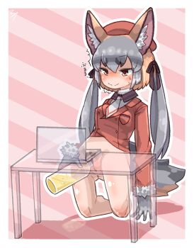 1girl animal_ears blush bottomless brown_eyes computer female_pubic_hair fox_ears fox_girl fox_tail highres island_fox_(kemono_friends) kemono_friends kemono_friends_v_project kneeling laptop peeing peeing_in_bottle pubic_hair pussy solo table tail uncensored virtual_youtuber