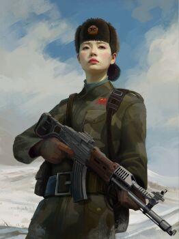 Rule 34 | 1girl, assault rifle, backpack, bag, belt, black hair, blue sky, brown gloves, chinese army, cloud, cloudy sky, collar, commentary, english commentary, fallout, gloves, gun, hair bun, hat, highres, kalashnikov rifle, military uniform, putridglowingone, red lips, rifle, sky, snow, solo, trigger discipline, ushanka, weapon