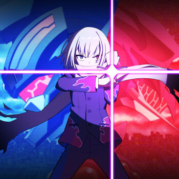 1boy alternate_view anti_(ssss.gridman) armor black_jacket black_pants blolo blue_eyes blurry blurry_background cowboy_shot flame_print glint glowing gridknight_(ssss.gridman) gridman_universe henshin henshin_pose highres jacket kaiju pants power_armor print_jacket purple_eyes scanlines scarf short_hair ssss.gridman white_hair