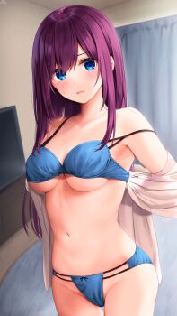 1girl absurdres armpits arms_behind_back bare_shoulders blue_bra blue_eyes blue_panties blush bow bow_bra bow_panties bra breasts collarbone cowboy_shot groin highres indoors long_hair maid-chan_(ramchi) medium_breasts mole mole_under_eye navel off_shoulder original panties parted_lips purple_hair ramchi shirt standing stomach straight_hair strap_slip swept_bangs underboob underwear undressing white_shirt
