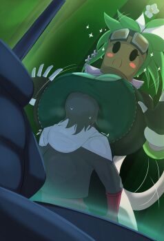 1boy 1girl absurdres against_glass between_breasts black_eyes blaster_master_zero blaster_master_zero_2 breast_press breasts coco_(setawar) dutch_angle eyelashes face_between_breasts face_to_breasts faceless faceless_male flower glass head_between_breasts highres huge_breasts indoors kanna_(blaster_master_zero) monster_girl open_mouth plant_girl size_difference sparkle standing surprised thick_thighs thighs upper_body white_flower