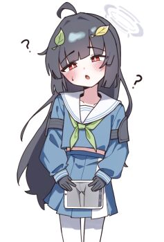 1girl ? absurdres ahoge black_gloves black_hair blue_archive blue_shirt blue_skirt blush bright_pupils cowboy_shot gloves green_neckerchief grey_halo halo highres holding holding_tablet_pc leaf leaf_on_head long_hair long_sleeves miyu_(blue_archive) neckerchief open_mouth pantyhose pleated_skirt red_eyes sailor_collar shirt simple_background skirt solo tablet_pc white_background white_pantyhose white_pupils white_sailor_collar x-ray yungun_(dbsrjsdn0330)