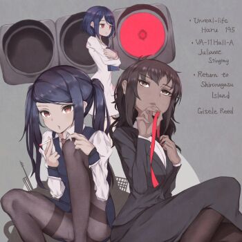 3girls black_hair blue_hair breasts closed_mouth crossover dress gisele_reed haru_(unreal_life) highres jill_stingray long_hair long_sleeves looking_at_viewer multiple_girls necktie open_mouth pantyhose shironagasu-tou_e_no_kikan shirt twintails unreal_life va-11_hall-a vest white_dress white_shirt
