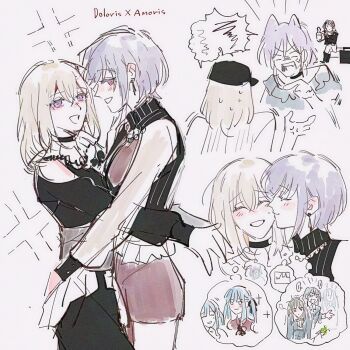 Rule 34 | 3girls, amoris (bang dream!), anger vein, bang dream!, bang dream! it's mygo!!!!!, baseball cap, black hat, blonde hair, closed eyes, closed mouth, doloris (bang dream!), grey background, grin, hat, highres, kemonomimi mode, kiss, kissing cheek, maybecrosswise, medium hair, misumi uika, multiple girls, oblivionis (bang dream!), pink eyes, purple eyes, purple hair, short hair, simple background, smile, sparkle, speech bubble, sweatdrop, thought bubble, togawa sakiko, wakaba mutsumi, yahata umiri, yuri, yuutenji nyamu