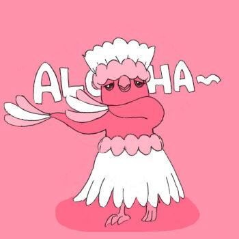 Rule 34 | animal focus, bird, commentary request, full body, gen 7 pokemon, half-closed eyes, horubi non, monochrome, nintendo, no humans, open mouth, oricorio, oricorio (pa'u), pink background, pink theme, pokemon, pokemon (creature), pokemon focus, simple background, solo