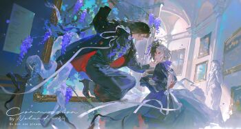 Rule 34 | 2boys, absurdres, arch, art gallery, back bow, backless dress, backless outfit, black hair, black jacket, black robe, black shoes, blue eyes, book, book stack, borrowed character, bow, braid, climbing, commission, crossdressing, crossdressing (mtf), dress, eye contact, facial mark, facial tattoo, falling petals, fascinator, feet out of frame, flame tattoo, floral print, flower, full body, gown, hair between eyes, hair flower, hair ornament, hallway, hand on another's chin, high heels, highres, holding, holding book, indoors, jacket, juliet sleeves, lapel pin, lapels, long hair, long sleeves, looking at another, looking to the side, male focus, mihuashi commission, multicolored hair, multiple boys, neck ribbon, noland, notched lapels, open clothes, open jacket, original, painting (object), parted lips, pearl hair ornament, petals, picture frame, profile, puffy sleeves, purple flower, purple petals, purple ribbon, red jacket, ribbon, robe, shoes, short hair, single braid, split-color hair, squatting, standing, statue, sunlight, tattoo, tentacles, through medium, through painting, tree, two-sided fabric, two-sided jacket, two-tone hair, white bow, white hair, white ribbon, wisteria, yao mujing, yao muxuan