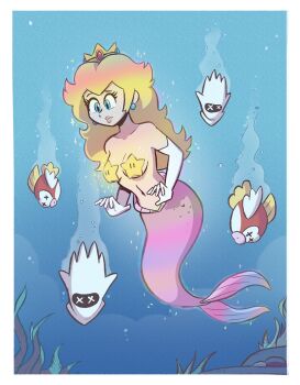 1girl alt_text blonde_hair blooper_(mario) blue_eyes border breasts cheep_cheep commentary crown earrings elbow_gloves english_commentary fish frown full_body gloves highres jewelry long_hair looking_down mario_(series) medium_breasts merfolk mermaid mermay_2026 monster_girl navel nintendo pasties princess_peach sam_logan sphere_earrings squid star_(symbol) star_pasties super_star_(mario) underwater white_border white_gloves x_x