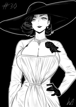 1girl absurdres alcina_dimitrescu bead_necklace beads breasts cleavage commentary earrings gloves greyscale hand_on_own_hip hat highres huge_breasts jewelry lipstick lughost makeup mature_eyes mature_female monochrome necklace parted_lips resident_evil resident_evil_village signature solo upper_body