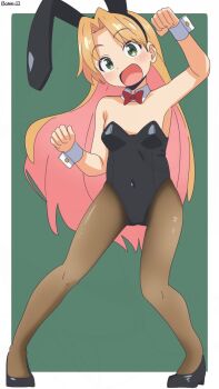 1girl animal_ears artist_name bambi2000line bare_shoulders blonde_hair bow bowtie breasts detached_collar dot_nose fake_animal_ears fake_rabbit_ears female_focus full_body green_eyes hair_between_eyes highres long_hair looking_at_viewer open_mouth pantyhose playboy_bunny rabbit_ears rabbit_tail ruri_no_houseki shoes simple_background small_breasts solo standing tanigawa_ruri wrist_cuffs