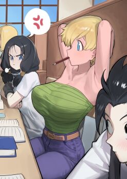 1boy 2girls absurdres anger_vein armpits arms_behind_head bare_shoulders belt black_eyes black_hair blonde_hair blue_hair blue_pants breast_envy breasts brown_belt denim dragon_ball dragonball_z erasa_(dragon_ball) highres indoors jeans large_breasts long_hair looking_at_breasts low_twintails mouth_hold multiple_girls nia_(nia4294) pants pencil scene_reference short_hair small_breasts son_gohan spoken_anger_vein strapless twintails videl
