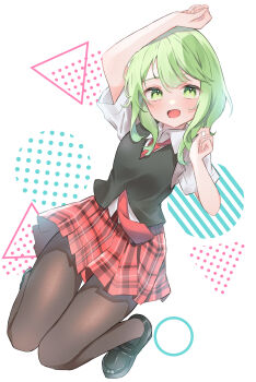 1girl :d absurdres arm_up black_vest blush collared_shirt commentary_request full_body green_eyes green_hair gumi hair_between_eyes hand_up happy highres jumping legs_folded medium_hair miniskirt mokoinu_(pixiv_27216243) necktie open_mouth pantyhose pleated_skirt red_necktie red_skirt school_uniform shirt skirt smile solo vest vocaloid white_shirt