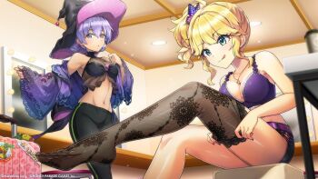 2girls adjusting_clothes adjusting_legwear bare_arms blonde_hair commentary_request dark-skinned_female dark_skin dolphin_wave feet fishnet_thighhighs fishnets green_eyes gyaru hat highres izumi_kiri licking_lips midriff mirror multiple_girls nail_polish official_art ootomo_takuji pants pull purple_eyes purple_hair short_shorts shorts side_ponytail sitting souma_hayate suitcase thighhighs tongue tongue_out witch_hat