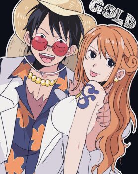 Rule 34 | 1boy, 1girl, bare shoulders, bead necklace, beads, black background, black eyes, black hair, breasts, chatubo, commentary request, dress, facial scar, floral print, floral print shirt, from side, hand on another's back, hat, highres, jacket, jewelry, large breasts, long hair, looking at viewer, monkey d. luffy, nami (one piece), necklace, official alternate costume, official alternate hairstyle, one piece, one piece film: gold, open clothes, open jacket, open mouth, orange hair, print shirt, red-tinted eyewear, scar, scar on cheek, scar on face, shirt, shoulder tattoo, straight-on, straw hat, sunglasses, tattoo, tinted eyewear, tongue, tongue out, upper body, wavy hair, white dress, white jacket, wing collar