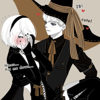 Rule 34 | 1boy, 1girl, 2b (nier:automata), 9s (nier:automata), :d, artist name, bat (animal), black cape, black dress, black hat, black shorts, blindfold, blush, cape, chibi, chibi only, closed mouth, commentary, dress, fangs, halloween, halloween costume, hat, holding, holding pumpkin, jack-o'-lantern, mitsuki nite, mole, mole under mouth, moon, nier:automata, nier (series), open mouth, pumpkin, short hair, shorts, smile, standing, star (symbol), twitter username, watermark, white hair, witch hat