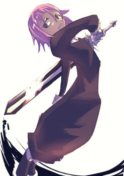 Rule 34 | 1other, absurdres, black dress, brown eyes, commentary request, crona (soul eater), dress, fighting stance, flat chest, hair between eyes, highres, holding, holding sword, holding weapon, light smile, long dress, looking at viewer, parted lips, pink hair, ragnarok (soul eater), satisfy027, sketch, solo, soul eater, swinging weapon, sword, weapon, white background, white wrist cuffs, wrist cuffs