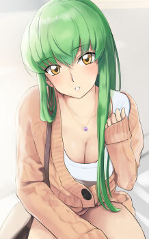 1girl bag breasts c.c. cleavage code_geass green_hair grey_background handbag highres jewelry long_hair long_sidelocks looking_at_viewer medium_breasts necklace orange_hair orange_sweater parted_lips shirt sidelocks sitting sleeves_past_wrists solo straight_hair sweater very_long_hair white_shirt yellow_eyes yoo_tenchi