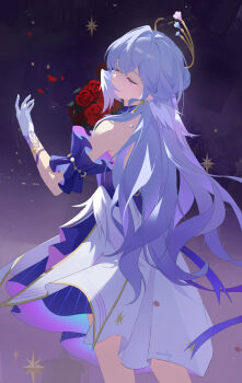 1girl absurdres aqua_hair bare_shoulders beiyan_beiyan_iouliy breasts closed_eyes commentary_request dress feathered_wings feathers flower gloves hair_between_eyes halo head_wings highres honkai:_star_rail honkai_(series) jewelry long_hair looking_at_viewer purple_trim red_flower red_rose robin_(honkai:_star_rail) rose solo strapless strapless_dress white_dress white_gloves wings
