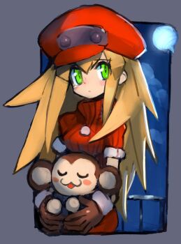 1girl alternate_hair_length alternate_hairstyle animal blonde_hair blush breasts brown_gloves newsboy_cap capcom dakusuta data_(mega_man) female_focus gloves green_eyes hair_between_eyes hat highres holding holding_animal long_hair medium_breasts mega_man_(series) mega_man_legends_(series) monkey moon outside_border red_hat ribbed_sweater roll_caskett_(mega_man) sidelocks solo sweater turtleneck turtleneck_sweater