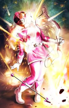 1girl arrow_(projectile) bow_(weapon) damaged dino_buckler explosion helmet injury kyouryuu_sentai_zyuranger mei_(zyuranger) ptera_ranger ryona sparks super_sentai tare-katsu weapon