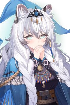 Rule 34 | 1girl, absurdres, animal ear fluff, animal ears, arknights, black dress, breasts, commentary request, covered mouth, dress, fringe trim, green eyes, hair between eyes, headpiece, highres, interlocked fingers, leopard ears, long hair, looking at viewer, medium breasts, own hands clasped, own hands together, pramanix (arknights), pramanix the prerita (arknights), sanjiao hanshu, solo, twitter username, upper body, very long hair, white hair