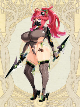 1girl breasts covered_erect_nipples covered_navel curvy dairoku_ryouhei dual_wielding full_body gas_mask gigantic_breasts gloves hair_ornament high_heels high_ponytail highres hip_tattoo holding long_hair looking_at_viewer mask photoshop_(medium) ponytail purple_eyes red_hair reverse_grip ryoji_(nomura_ryouji) solo standing tattoo thighhighs yellow_background
