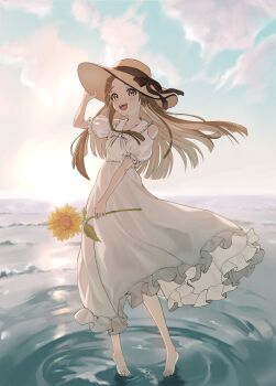 1girl absurdres barefoot blunt_ends blush brown_hair clothing_cutout commentary dress floating_hair flower frilled_sleeves frills gakuen_idolmaster highres holding holding_flower idolmaster kinoko_(alcyone1018) korean_commentary kuramoto_china long_hair looking_at_viewer outdoors puffy_short_sleeves puffy_sleeves shallow_water short_sleeves shoulder_cutout smile solo sunflower sunlight teeth toes upper_teeth_only very_long_hair water white_dress