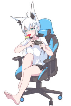 1girl ahoge alternate_costume animal_ear_fluff animal_ears barefoot black_ribbon black_shorts blue_eyes braid casual chair controller double-parted_bangs eihire feet food food_in_mouth fox_ears fox_girl fox_tail full_body game_controller gaming_chair hair_between_eyes hair_ribbon hashtag-only_commentary highres holding holding_controller holding_game_controller hololive long_hair loungewear low_ponytail no_piercings on_chair playing_games ponytail popsicle popsicle_in_mouth ribbon shirakami_fubuki shirt short_shorts short_sleeves shorts side_braid side_slit side_slit_shorts simple_background soles solo swivel_chair t-shirt tail toes virtual_youtuber watermelon_bar white_background white_hair white_shirt
