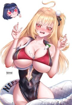 Rule 34 | 1girl, 2girls, ahoge, bare shoulders, belle (zenless zone zero), black thighhighs, bleeding, blonde hair, blood, blue hair, blush, breasts, chalky (zenless zone zero), cissia (zenless zone zero), closed mouth, commentary request, fangs, hair between eyes, hair ornament, heart, highres, kirrrai02, large breasts, leotard, long hair, looking at viewer, multicolored leotard, multiple girls, nail polish, nosebleed, open mouth, pom pom (clothes), pom pom hair ornament, red eyes, red nails, short hair, signature, simple background, smile, snake, snake girl, snake tail, tail, thick thighs, thighhighs, thighs, two-tone leotard, underboob, white background, white snake, yuri, zenless zone zero