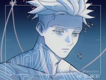 Rule 34 | 1boy, aqua eyes, asymmetrical hair, blonde hair, body tube, bodysuit, bubble, colored eyebrows, colored eyelashes, expressionless, forehead, highres, male focus, millions knives, mole, mole under eye, one737428390075, portrait, recording, short hair, solo, spiked hair, stasis tank, time paradox, trigun, trigun stampede, undercut, underwater, white bodysuit