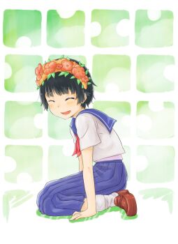 10s 1girl 2018 black_hair blush closed_eyes female_focus flower flower_wreath from_side green_background hair_flower hair_ornament highres loose_socks open_mouth sakugawa_school_uniform school_uniform serafuku shoes simple_background sitting skirt smile socks solo summer_uniform toaru_kagaku_no_railgun toaru_majutsu_no_index uiharu_kazari yuuki_r01