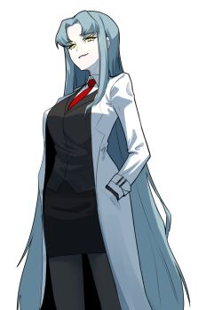 1girl angela_(project_moon) black_skirt black_vest blue_hair collared_shirt colored_skin hair_down hands_in_pockets helseujang highres lab_coat lobotomy_corporation long_hair necktie parted_bangs pencil_skirt project_moon red_necktie shirt sidelocks skirt solo very_long_hair vest white_background white_shirt white_skin