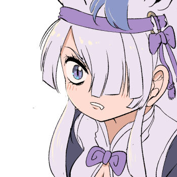 1girl animal_ears blue_eyes breasts china_dress chinese_clothes cleavage dress extra_ears grey_dress grey_hair gyokuryu_(kemono_friends) hair_ornament hair_over_one_eye horse_ears horse_girl kemono_friends large_breasts long_hair looking_at_viewer mcgunngu purple_ribbon ribbon simple_background solo upper_body