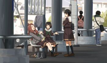 Rule 34 | 3boys, 3girls, backpack, bag, black hair, bow, brown hair, cellphone, commentary, fuyuhino, green neckerchief, hair bow, hand on own chin, hibike! euphonium, highres, hisaishi kanade, kenzaki ririka, kitauji high school uniform, long hair, multiple boys, multiple girls, neckerchief, on bench, outstretched arms, phone, school bag, school uniform, sitting, smartphone, suzuki mirei