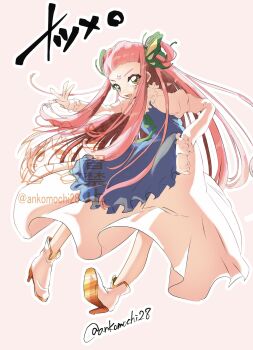 Rule 34 | 1girl, ankomochi28, butterfly hair ornament, dress, facial mark, forehead mark, full body, galaxy angel, galaxy angel rune, green ribbon, hair ornament, highres, izayoi natsume, long hair, long sidelocks, pink hair, ribbon, sidelocks, solo, twintails, twitter username, very long hair