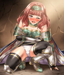 Rule 34 | 1girl, absurdres, arm armor, bare shoulders, black gloves, black thighhighs, breasts, cape, celica (fire emblem), celica (fire emblem) (valentia&#039;s hope), cleavage, fingerless gloves, fire emblem, fire emblem echoes: shadows of valentia, fire emblem heroes, gloves, highres, leg armor, looking at viewer, medium hair, nintendo, official alternate costume, one eye closed, open mouth, panties, pantyshot, pencil skirt, red eyes, red hair, skirt, solo, thighhighs, underwear, zanntetu