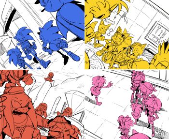 absurdres aged_down aged_up amy_rose boots chili_dog color_connection diamondx1704 dress eating fang gloves highres knuckles_the_echidna long_hair medium_hair petite robot shirt shoes skirt smile socks sonic_(series) sonic_boom_(series) sonic_prime sonic_the_hedgehog source_request spiked_hair tails_(sonic) tribal walking workshop wrench