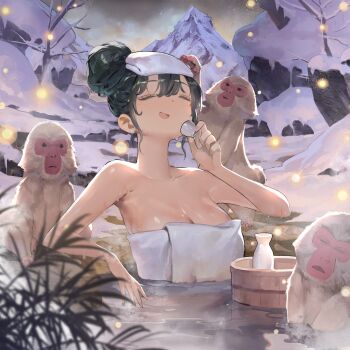 1girl :d absurdres arm_rest bare_tree blurry blurry_foreground bottle breasts closed_eyes commentary cup english_commentary fireflies green_hair hair_bun highres holding holding_cup japanese_macaque jung_wonjo monkey naked_towel onsen open_mouth original outdoors partially_submerged plant single_hair_bun smile snow solo towel towel_on_head tree water wet