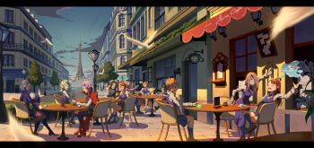 6+girls absurdres amanda_o'neill barbara_parker bird black_hair blonde_hair blue_eyes breasts brown_hair cafe chair cityscape constanze_amalie_von_braunschbank-albrechtsberger croix_meridies diana_cavendish dove eiffel_tower glasses green_hair hanna_england highres jasminka_antonenko kagari_atsuko lamppost little_witch_academia long_hair lotte_jansson luna_nova_school_uniform medium_breasts medium_hair multiple_girls orange_eyes orange_hair outdoors paris pekakiu pink_hair purple_hair red_eyes road scenery school_uniform shooting_star_(little_witch_academia) short_hair small_breasts speech_bubble street sucy_manbavaran table thought_bubble ursula_charistes wand