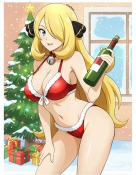 1girl :d alexkonakona bell bikini blonde_hair bottle breasts christmas christmas_present christmas_tree cleavage collar cynthia_(pokemon) gift grey_eyes hair_ornament hair_over_one_eye holding holding_bottle jingle_bell large_breasts navel neck_bell nintendo open_mouth pokemon pokemon_dppt red_bikini red_collar santa_bikini santa_costume smile snow solo stomach swimsuit thighs window wine_bottle