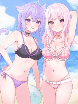2girls absurdres ahoge animal_ear_fluff animal_ears arm_up armpits arms_up ball beach beachball bikini breasts cat_ears cat_girl cat_tail cleavage closed_mouth collarbone commentary_request day frilled_bikini frills hair_between_eyes highres holding holding_ball holding_beachball hololive jewelry long_hair looking_at_viewer medium_breasts multiple_girls navel necklace nekomata_okayu nijisanji ocean outdoors pink_bikini pink_eyes pink_hair purple_bikini purple_eyes purple_hair shiina_yuika shiina_yuika_(6th_costume) sky swimsuit tail tillots tongue tongue_out very_long_hair virtual_youtuber