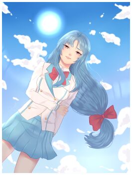 1girl absurdres ahoge blue_hair blue_skirt bow bowtie breasts brown_eyes chidori_kaname cleory cloud commentary english_commentary full_metal_panic! hair_bow hand_on_own_arm highres jindai_high_school_uniform long_hair long_sleeves looking_at_viewer low-tied_long_hair medium_breasts red_bow red_bowtie school_uniform shirt sidelocks skirt sky solo white_shirt