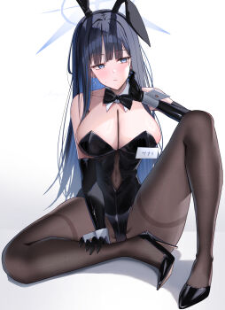 Rule 34 | 1girl, animal ear hairband, animal ears, black bow, black bowtie, black gloves, black hairband, black leotard, black pantyhose, black shoes, blue archive, blue eyes, blue hair, blue halo, blush, bow, bowtie, breasts, cleavage, detached collar, elbow gloves, fake animal ears, gloves, hairband, halo, hand on own neck, high heels, highleg, highleg leotard, highres, large breasts, leotard, long hair, looking to the side, pantyhose, playboy bunny, rabbit ear hairband, rabbit ears, saori (blue archive), shoes, shougun (chuckni1), sitting, solo, thighband pantyhose