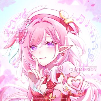 Rule 34 | 1girl, absurdres, artist request, beret, breasts, chinese commentary, commentary request, commission, diamond-shaped pupils, diamond (shape), dress, earrings, elf, elysia (hi love elf) (honkai impact), elysia (honkai impact), hair ornament, hat, heart, heart earrings, heart hair ornament, highres, honkai (series), honkai impact 3rd, jewelry, long hair, looking at viewer, medium breasts, multicolored hair, musical note, pink hair, pointy ears, purple eyes, red dress, second-party source, smile, solo, symbol-shaped pupils, two-tone hair, upper body, very long hair, watermark, white hair