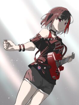 1girl bang_dream! bare_shoulders black_dress black_hair bracelet collar commentary_request dress feet_out_of_frame guitar highres holding instrument jewelry kaiseibi1749 looking_at_viewer mitake_ran red_eyes red_streaks short_hair shorts simple_background sleeveless solo standing