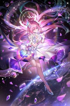 1girl aqua_hair breasts commentary_request cyrene_(honkai:_star_rail) cyrene_(ripples_of_past_reverie)_(honkai:_star_rail) dress falling_petals flower hair_flower hair_ornament halo highres honkai:_star_rail honkai_(series) large_breasts long_hair multicolored_hair petals pink_hair planet planetary_ring smile solo space tsugutoku two-tone_hair very_long_hair white_dress