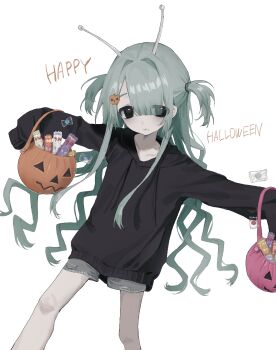 1girl absurdres alien antennae black_eyes black_hoodie feet_out_of_frame halloween halloween_bucket hayu_(hayu0305) highres hood hood_down hoodie long_hair looking_at_viewer original shorts solo two_side_up